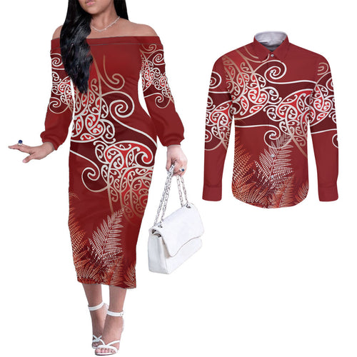 Aotearoa Maori Koru Curves Couples Matching Off The Shoulder Long Sleeve Dress and Long Sleeve Button Shirt Silver Ferns - Crimson Red