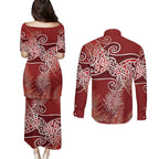 Aotearoa Maori Koru Curves Couples Matching Puletasi and Long Sleeve Button Shirt Silver Ferns - Crimson Red