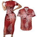 Aotearoa Maori Koru Curves Couples Matching Short Sleeve Bodycon Dress and Hawaiian Shirt Silver Ferns - Crimson Red