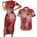 Aotearoa Maori Koru Curves Couples Matching Short Sleeve Bodycon Dress and Hawaiian Shirt Silver Ferns - Crimson Red