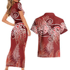 Aotearoa Maori Koru Curves Couples Matching Short Sleeve Bodycon Dress and Hawaiian Shirt Silver Ferns - Crimson Red