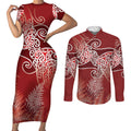 Aotearoa Maori Koru Curves Couples Matching Short Sleeve Bodycon Dress and Long Sleeve Button Shirt Silver Ferns - Crimson Red
