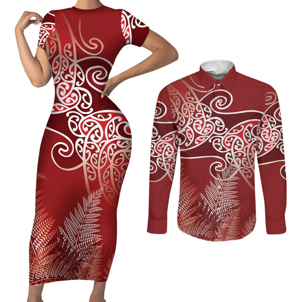 Aotearoa Maori Koru Curves Couples Matching Short Sleeve Bodycon Dress and Long Sleeve Button Shirt Silver Ferns - Crimson Red