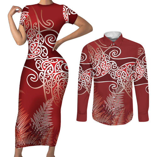 Aotearoa Maori Koru Curves Couples Matching Short Sleeve Bodycon Dress and Long Sleeve Button Shirt Silver Ferns - Crimson Red