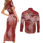 Aotearoa Maori Koru Curves Couples Matching Short Sleeve Bodycon Dress and Long Sleeve Button Shirt Silver Ferns - Crimson Red