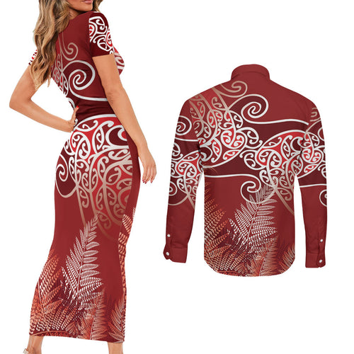 Aotearoa Maori Koru Curves Couples Matching Short Sleeve Bodycon Dress and Long Sleeve Button Shirt Silver Ferns - Crimson Red