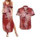 Aotearoa Maori Koru Curves Couples Matching Summer Maxi Dress and Hawaiian Shirt Silver Ferns - Crimson Red