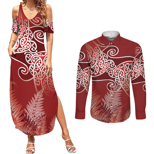 Aotearoa Maori Koru Curves Couples Matching Summer Maxi Dress and Long Sleeve Button Shirt Silver Ferns - Crimson Red