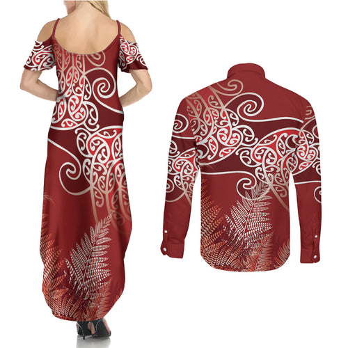 Aotearoa Maori Koru Curves Couples Matching Summer Maxi Dress and Long Sleeve Button Shirt Silver Ferns - Crimson Red