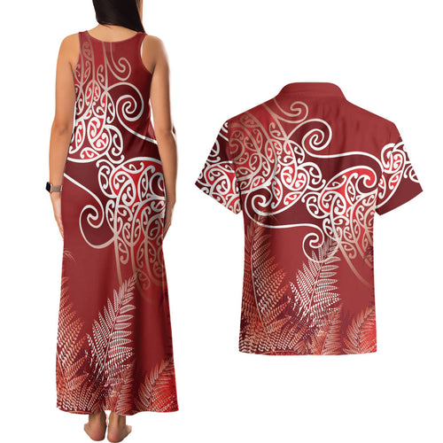 Aotearoa Maori Koru Curves Couples Matching Tank Maxi Dress and Hawaiian Shirt Silver Ferns - Crimson Red