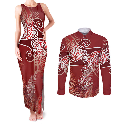 Aotearoa Maori Koru Curves Couples Matching Tank Maxi Dress and Long Sleeve Button Shirt Silver Ferns - Crimson Red