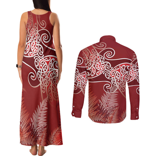 Aotearoa Maori Koru Curves Couples Matching Tank Maxi Dress and Long Sleeve Button Shirt Silver Ferns - Crimson Red
