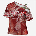 Aotearoa Maori Koru Curves Cross Shoulder Shirt Silver Ferns - Crimson Red