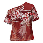 Aotearoa Maori Koru Curves Cross Shoulder Shirt Silver Ferns - Crimson Red