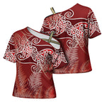 Aotearoa Maori Koru Curves Cross Shoulder Shirt Silver Ferns - Crimson Red