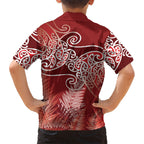 Aotearoa Maori Koru Curves Family Matching Long Sleeve Bodycon Dress and Hawaiian Shirt Silver Ferns - Crimson Red