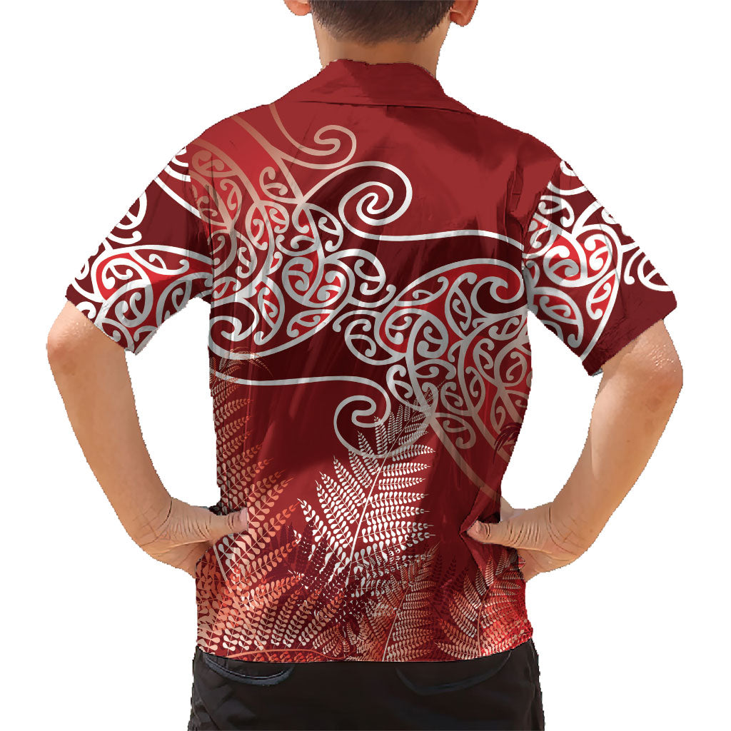 Aotearoa Maori Koru Curves Family Matching Long Sleeve Bodycon Dress and Hawaiian Shirt Silver Ferns - Crimson Red