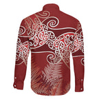 Aotearoa Maori Koru Curves Family Matching Long Sleeve Bodycon Dress and Hawaiian Shirt Silver Ferns - Crimson Red
