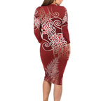 Aotearoa Maori Koru Curves Family Matching Long Sleeve Bodycon Dress and Hawaiian Shirt Silver Ferns - Crimson Red