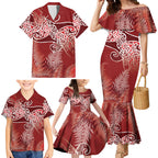 Aotearoa Maori Koru Curves Family Matching Mermaid Dress and Hawaiian Shirt Silver Ferns - Crimson Red