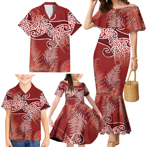 Aotearoa Maori Koru Curves Family Matching Mermaid Dress and Hawaiian Shirt Silver Ferns - Crimson Red