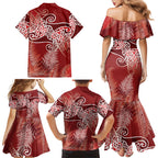 Aotearoa Maori Koru Curves Family Matching Mermaid Dress and Hawaiian Shirt Silver Ferns - Crimson Red