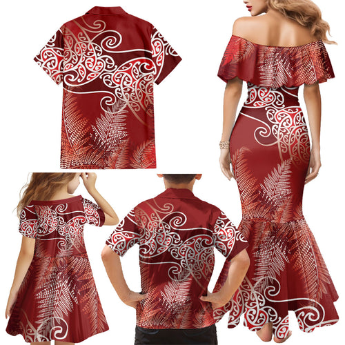 Aotearoa Maori Koru Curves Family Matching Mermaid Dress and Hawaiian Shirt Silver Ferns - Crimson Red