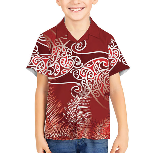 Aotearoa Maori Koru Curves Family Matching Mermaid Dress and Hawaiian Shirt Silver Ferns - Crimson Red