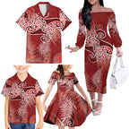 Aotearoa Maori Koru Curves Family Matching Off The Shoulder Long Sleeve Dress and Hawaiian Shirt Silver Ferns - Crimson Red
