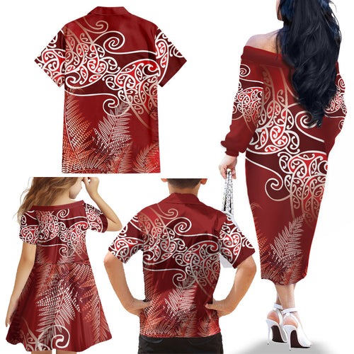 Aotearoa Maori Koru Curves Family Matching Off The Shoulder Long Sleeve Dress and Hawaiian Shirt Silver Ferns - Crimson Red