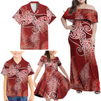 Aotearoa Maori Koru Curves Family Matching Off Shoulder Maxi Dress and Hawaiian Shirt Silver Ferns - Crimson Red