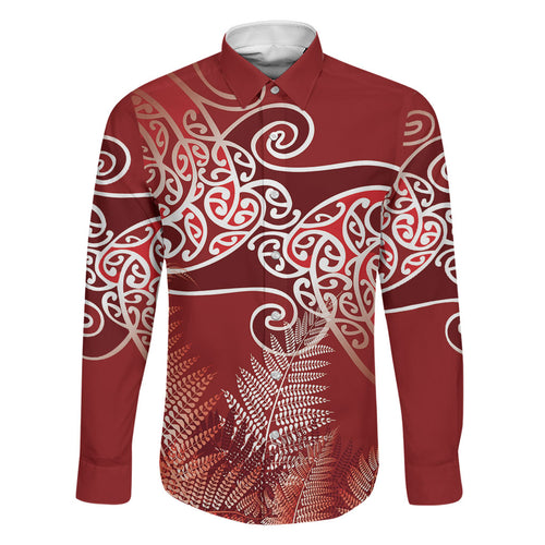 Aotearoa Maori Koru Curves Family Matching Off Shoulder Maxi Dress and Hawaiian Shirt Silver Ferns - Crimson Red
