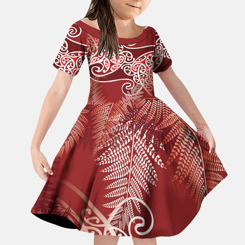 Aotearoa Maori Koru Curves Family Matching Off Shoulder Short Dress and Hawaiian Shirt Silver Ferns - Crimson Red