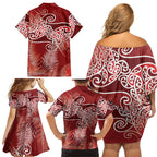 Aotearoa Maori Koru Curves Family Matching Off Shoulder Short Dress and Hawaiian Shirt Silver Ferns - Crimson Red