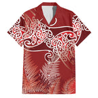 Aotearoa Maori Koru Curves Family Matching Off Shoulder Short Dress and Hawaiian Shirt Silver Ferns - Crimson Red