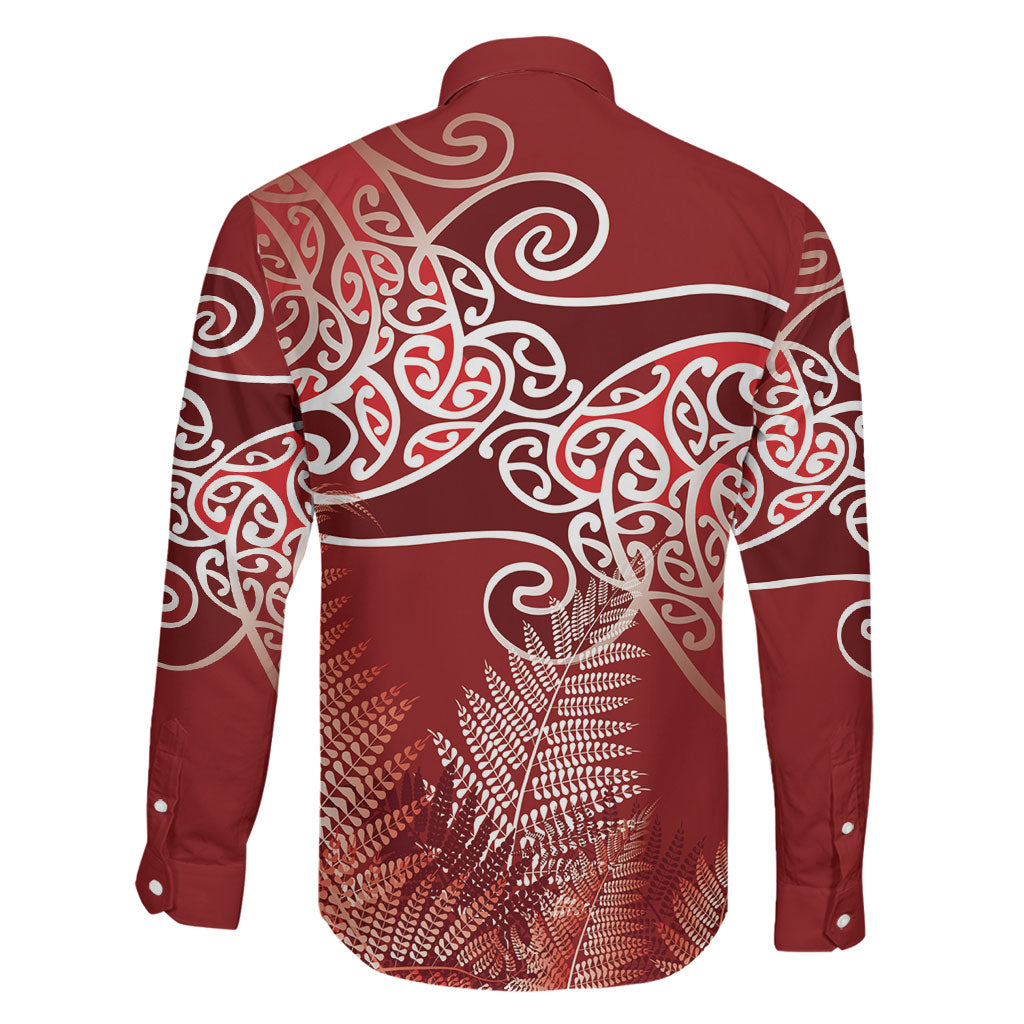 Aotearoa Maori Koru Curves Family Matching Off Shoulder Short Dress and Hawaiian Shirt Silver Ferns - Crimson Red