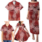 Aotearoa Maori Koru Curves Family Matching Puletasi and Hawaiian Shirt Silver Ferns - Crimson Red
