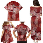 Aotearoa Maori Koru Curves Family Matching Puletasi and Hawaiian Shirt Silver Ferns - Crimson Red