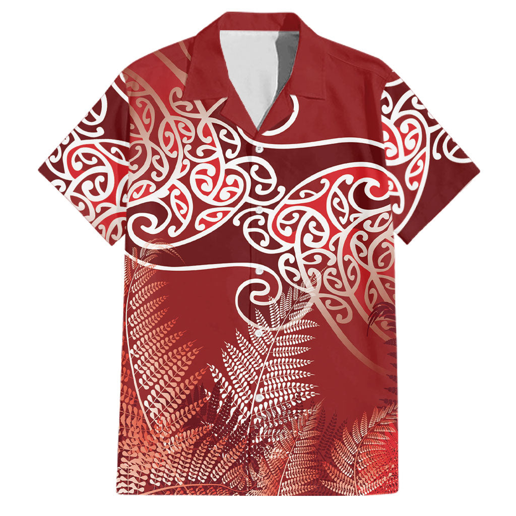 Aotearoa Maori Koru Curves Family Matching Puletasi and Hawaiian Shirt Silver Ferns - Crimson Red
