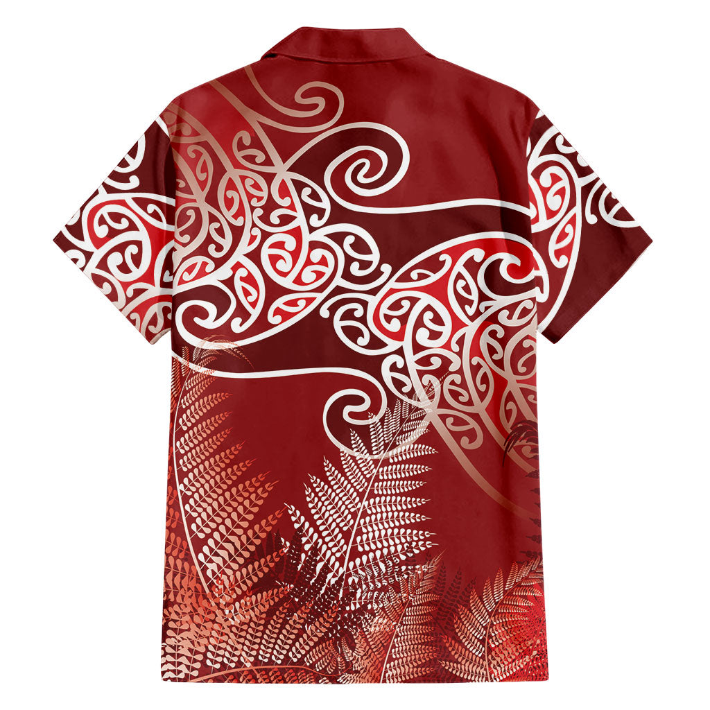 Aotearoa Maori Koru Curves Family Matching Puletasi and Hawaiian Shirt Silver Ferns - Crimson Red