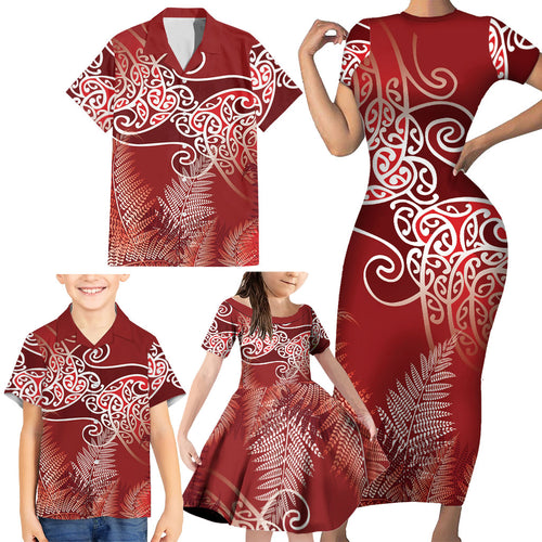 Aotearoa Maori Koru Curves Family Matching Short Sleeve Bodycon Dress and Hawaiian Shirt Silver Ferns - Crimson Red