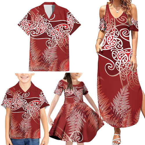 Aotearoa Maori Koru Curves Family Matching Summer Maxi Dress and Hawaiian Shirt Silver Ferns - Crimson Red