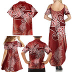 Aotearoa Maori Koru Curves Family Matching Summer Maxi Dress and Hawaiian Shirt Silver Ferns - Crimson Red