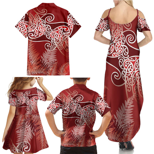 Aotearoa Maori Koru Curves Family Matching Summer Maxi Dress and Hawaiian Shirt Silver Ferns - Crimson Red