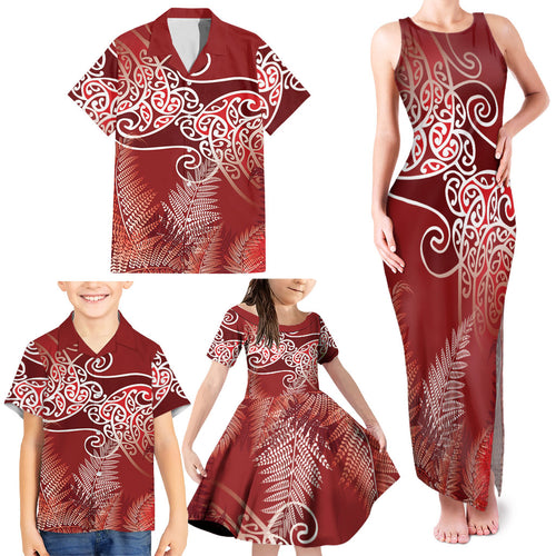Aotearoa Maori Koru Curves Family Matching Tank Maxi Dress and Hawaiian Shirt Silver Ferns - Crimson Red