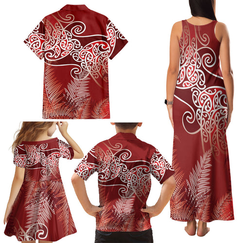 Aotearoa Maori Koru Curves Family Matching Tank Maxi Dress and Hawaiian Shirt Silver Ferns - Crimson Red