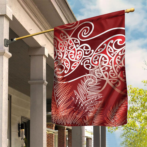 Aotearoa Maori Koru Curves Garden Flag Silver Ferns - Crimson Red