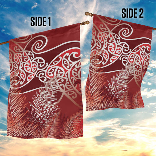 Aotearoa Maori Koru Curves Garden Flag Silver Ferns - Crimson Red