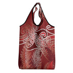 Aotearoa Maori Koru Curves Grocery Bag Silver Ferns - Crimson Red