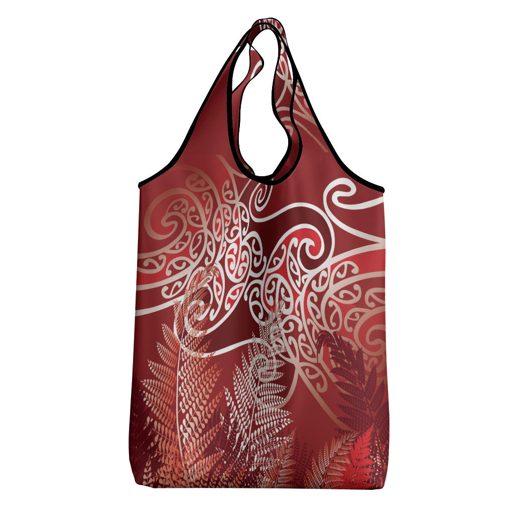 Aotearoa Maori Koru Curves Grocery Bag Silver Ferns - Crimson Red